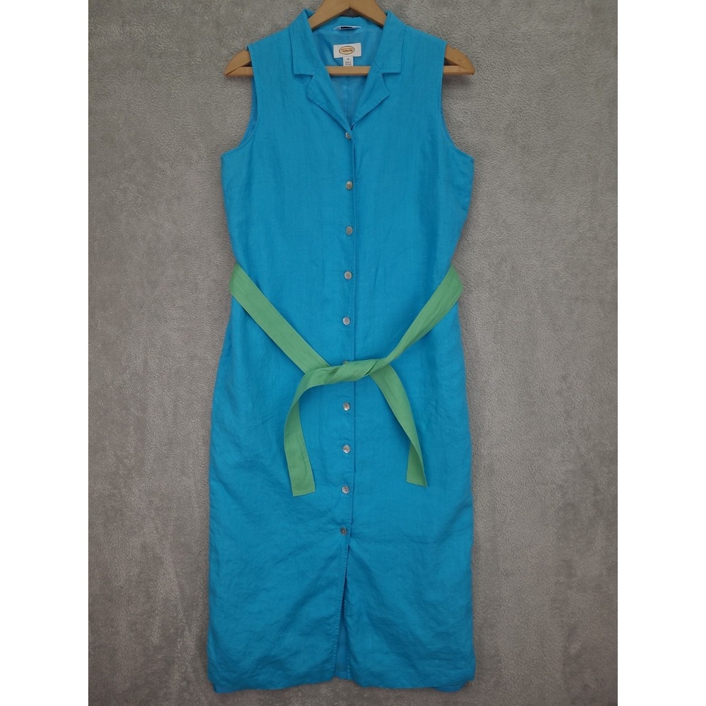 Talbots Irish Linen Belted Maxi‎ Dress Sz 14 Blue Lined Mother of Pearl Buttons